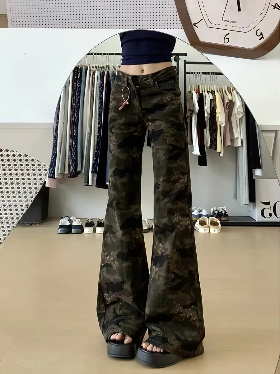 American Style Low Waist Thin Cotton Camouflage Bell Bottom Jeans Women's Summer New Fashion Loose Fit Denim Pants
