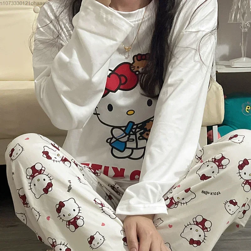 Kawaii Sanrio Hello Kitty Pajamas Pochacco Anime Cartoon Students Autumn Winter Polyester Long Sleeved Girls Nightwear Gift