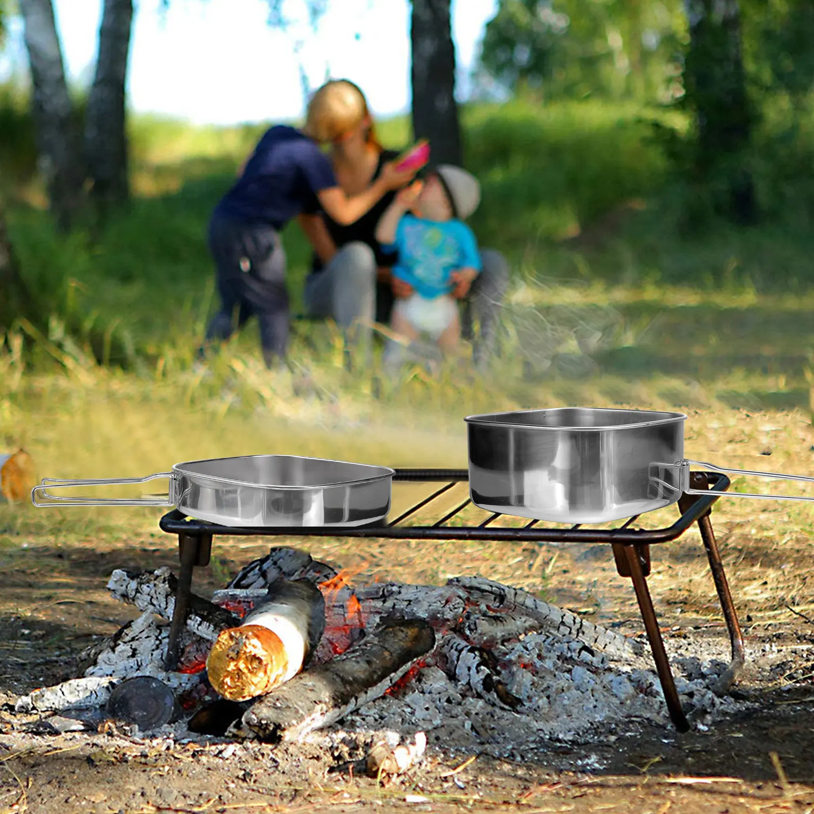 

6-Piece Stainless Steel Picnic Set Portable Camping Cookware Pot Frying Pan Plates Cups Lightweight Outdoor Hiking Barbecue