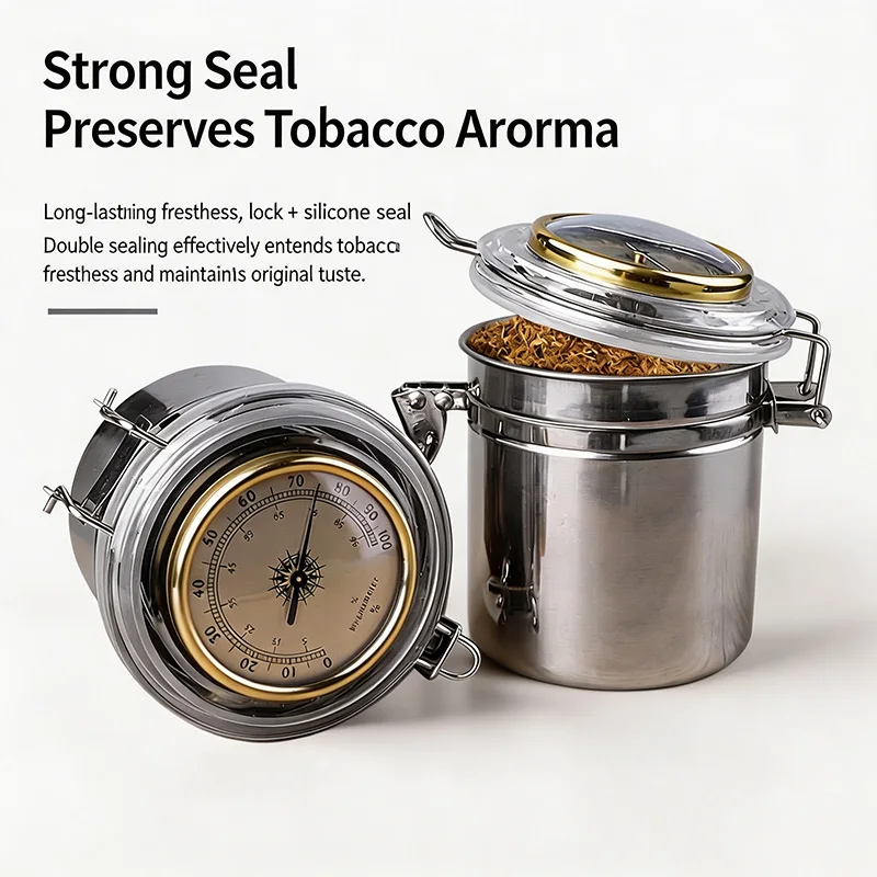 Multifunctional Stainless Steel Airtight Humidor Jar with Hygrometer Humidifying Sheet for Cigar Pipe Tobacco Tea Coffee Bean