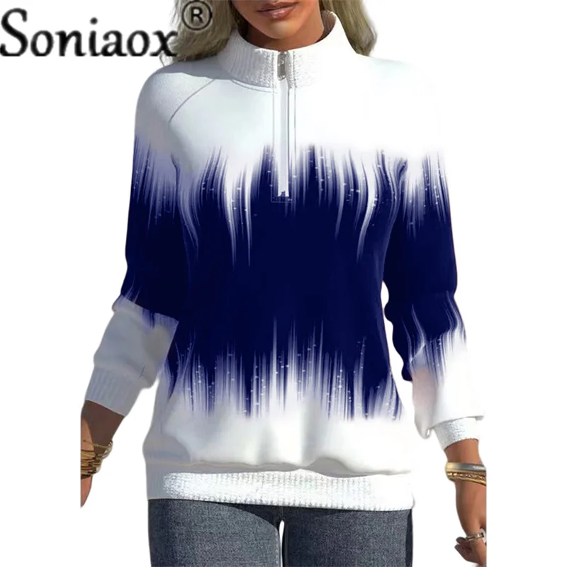 Gradient Color Print Half High Neck Zipper Tops Elegant Women Cotton Warm Hoodie Commuter Long Sleeve Streetwear Sweatshirt 2022