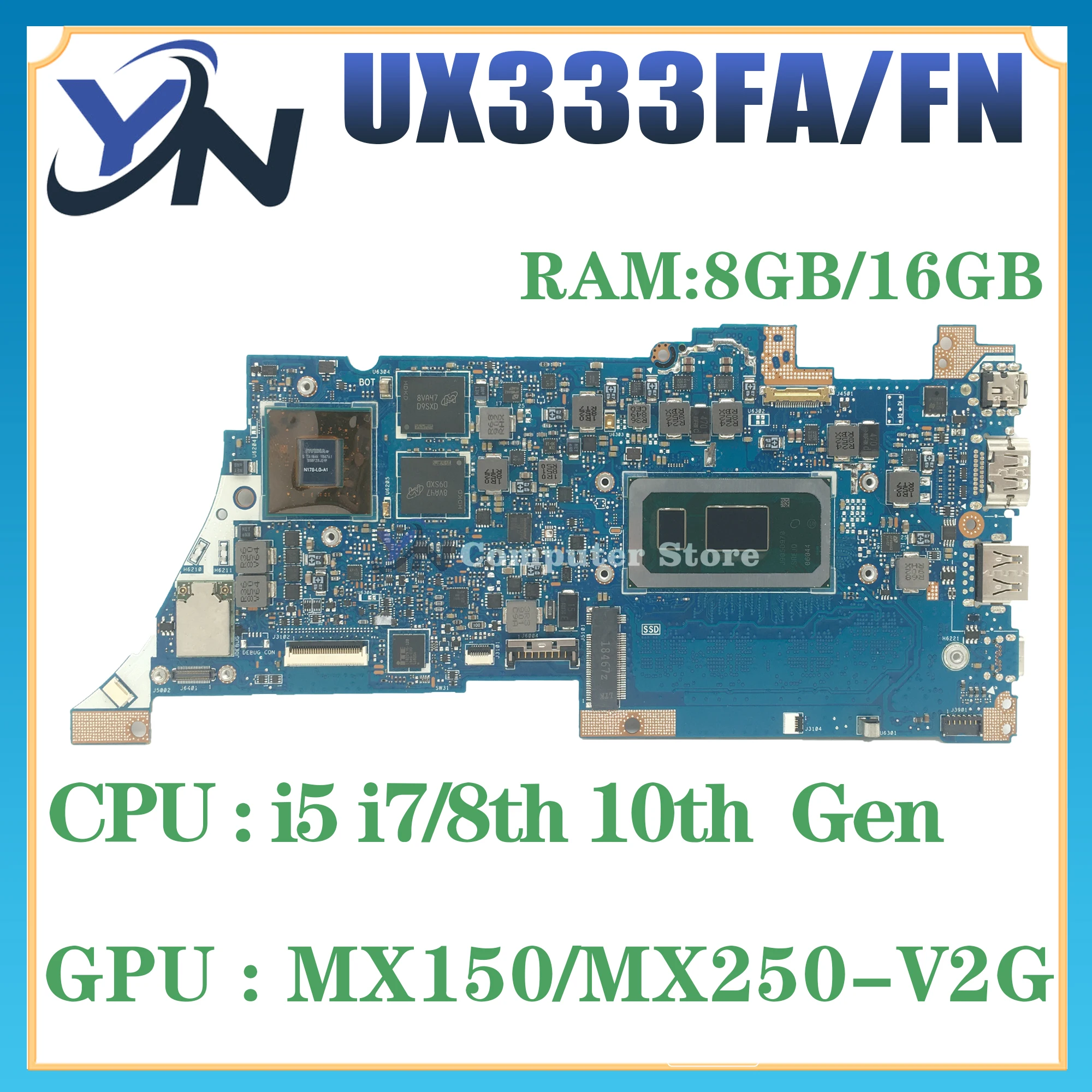 اللوحة الأم للكمبيوتر المحمول لـ ASUS ، UX333FN ، RX333FA ، BX333FA ، RX333FN ، RX333FN ، I5 ، I7 ، الجيل الثامن ، MX150 ، MX250 ، UMA ، الاختبار