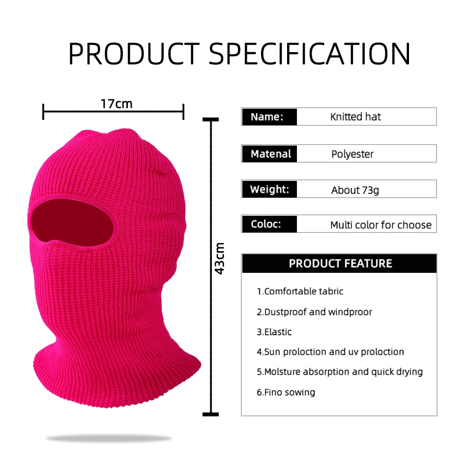 1 Hole Knitted Full Face Cover Adult Winter Ski Balaclava for Outdoors