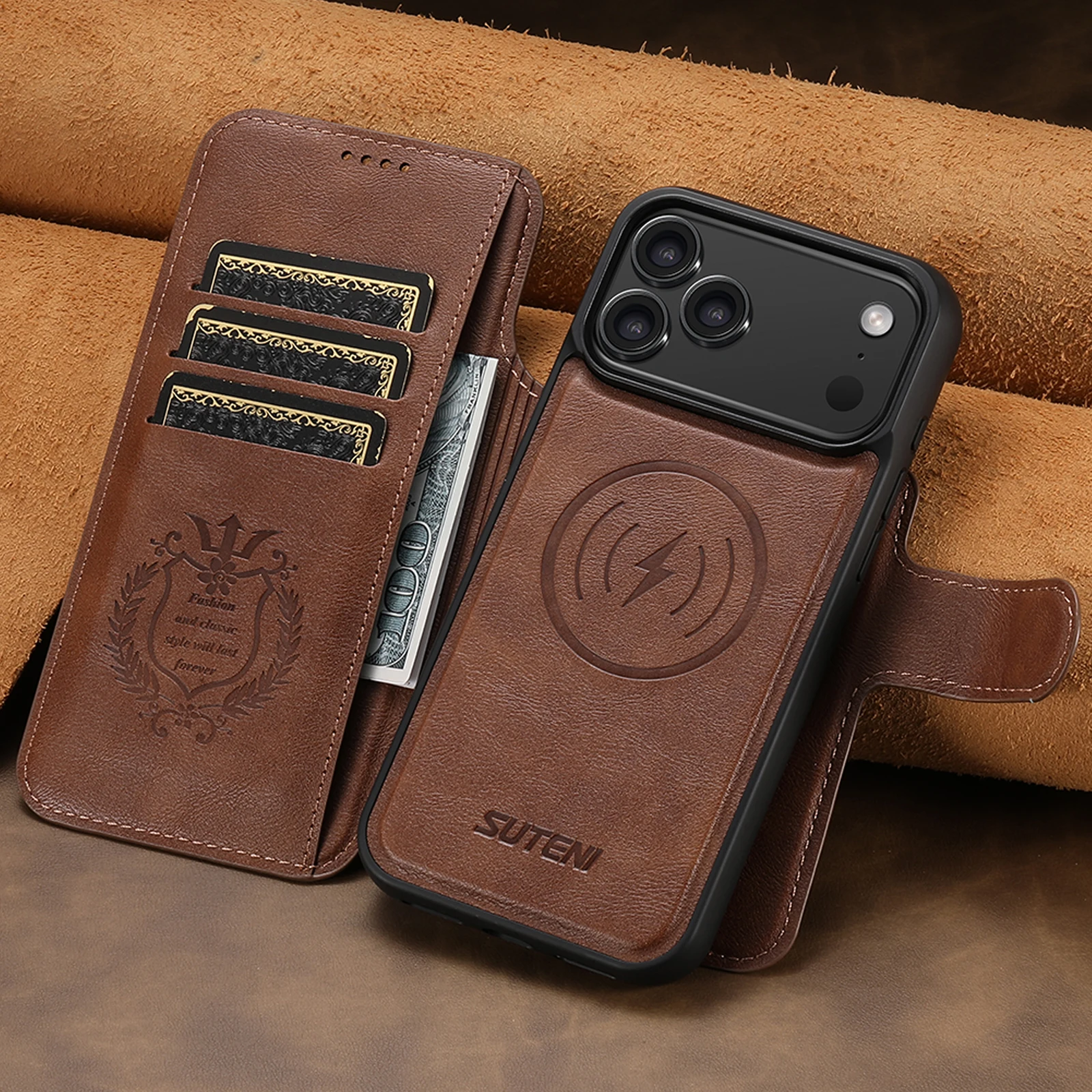 SUTENI Kunstleder Kabelloses Ladegerät Kartenhalter Ständer Brieftasche Magnetische Klapphülle Handyhülle für iPhone 18 Pro Max 17 16 15 14 – Detail 3