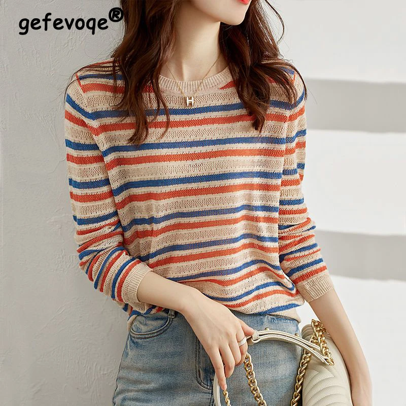 2023 Spring Autumn Women Vintage Striped Hollow Chic Knitwears Korean Fashion Round Neck Long Sleeve Loose Pullover Tops Jumpers