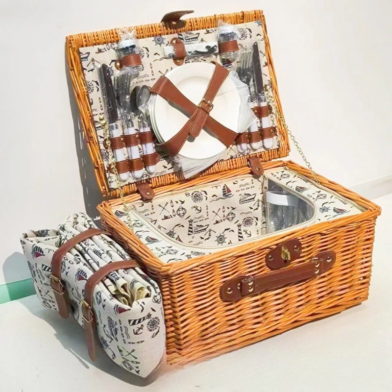 Wicker Picnic Basket for 4, Large Willow Picnic Hamper with Tableware & Portable Carry Handle for Camping, Outdoor & Travel view 3