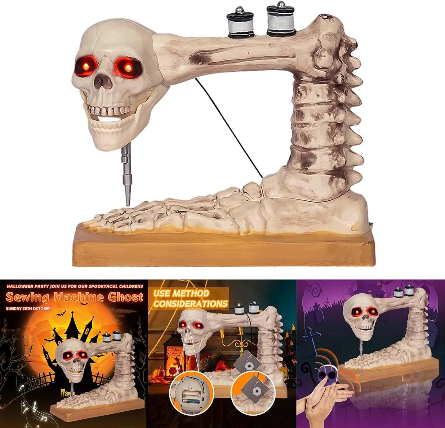 Voice Controlled Skeleton Sewing Machine Figurine Perfect Halloween Decoration for Craft Lover for Spooky Event Unique Gift