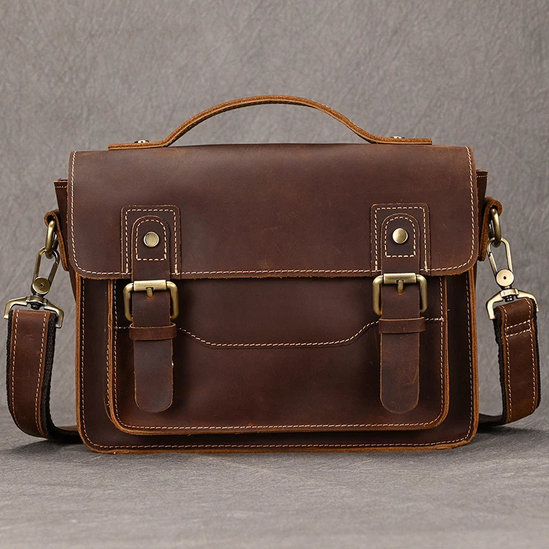 Vintage Men Crazy Horse Leather Shoulder Bag Brown Small Flap Tote Genuine Leather Messenger Bag Cow Leather Gift Camera Bag