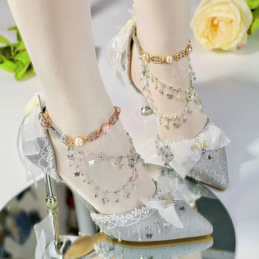Crystal Bling Bow Luxury Women's Wedding Shoes 2025 New Pointed Chain Elegant Gorgeous Buckle Stiletto Fashion Party Lolita Shoe