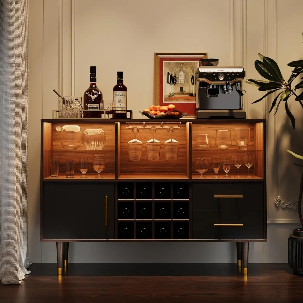 Armoire de bar moderne avec station de charge à lumière LED, brochure de 47 pouces, table de planche, café et rangement pour bar à domicile