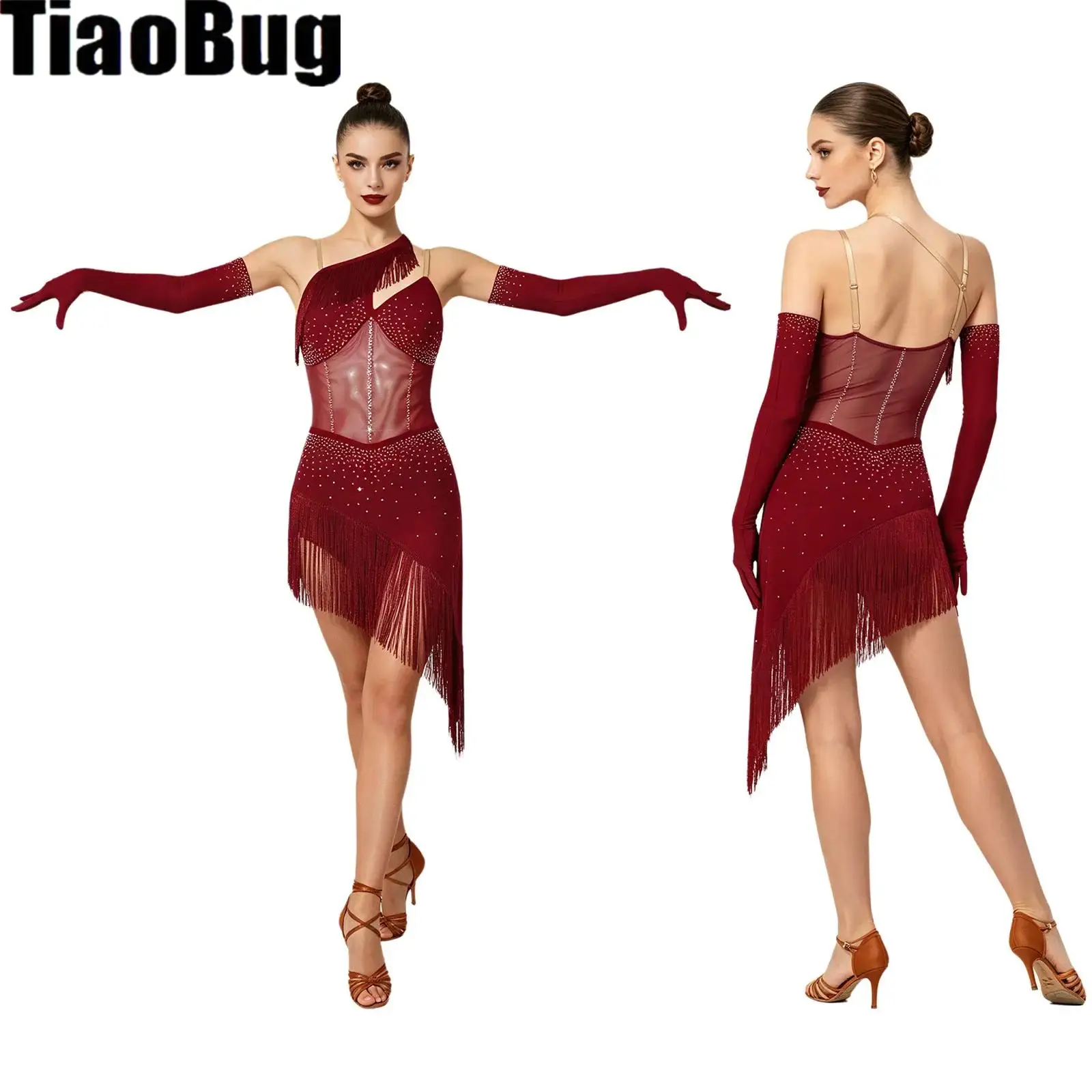 Women Latin Dance Outfit Asymmetrical Sleeveless Adjustable Straps Mesh Patchwork Shiny Rhinestones Tassel Dress with Gloves