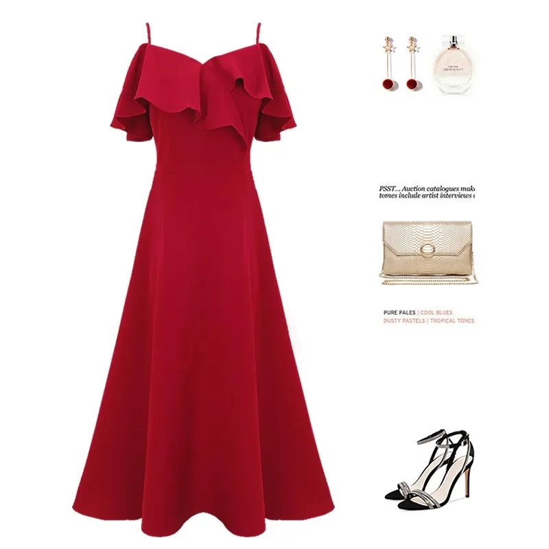 Vestido de Novia Rojo de Chifón con un Solo Hombro, Vestido Midi de Verano para Mujer, Vestido de Dama de Honor, Vestido de Comunión, Estilo Simple, Cintura Alta