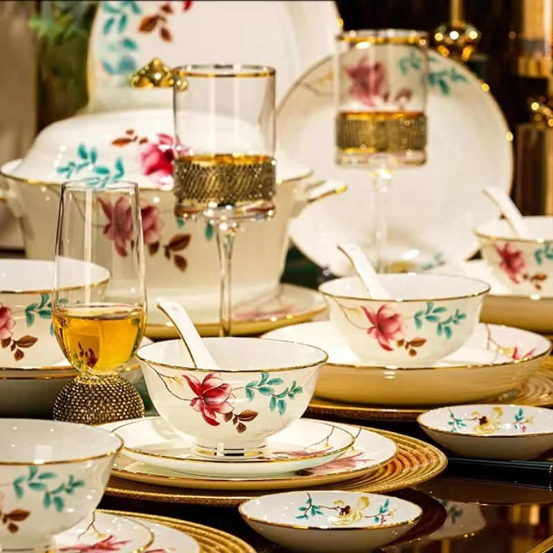 New Luxury Gold-rimmed Jingdezhen High-end Bone Tableware Bowl Plate Set Home Bowl Plate Chopsticks Combination Moving House