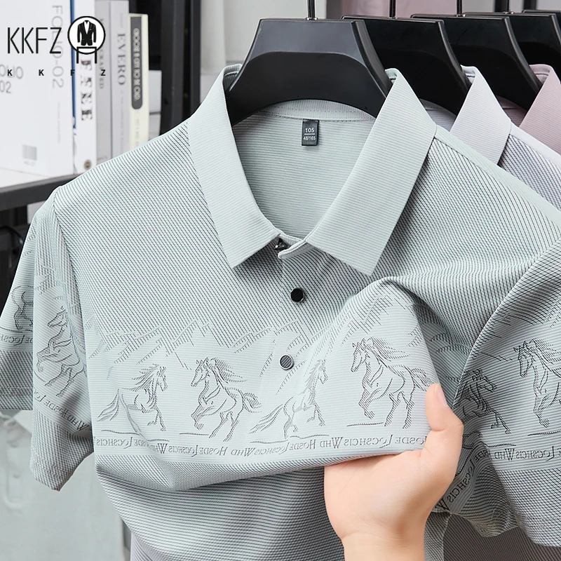 Office casual short sleeve polo t shirt for men running steed landscape print vertical grain lapel wrinkle free commute wear