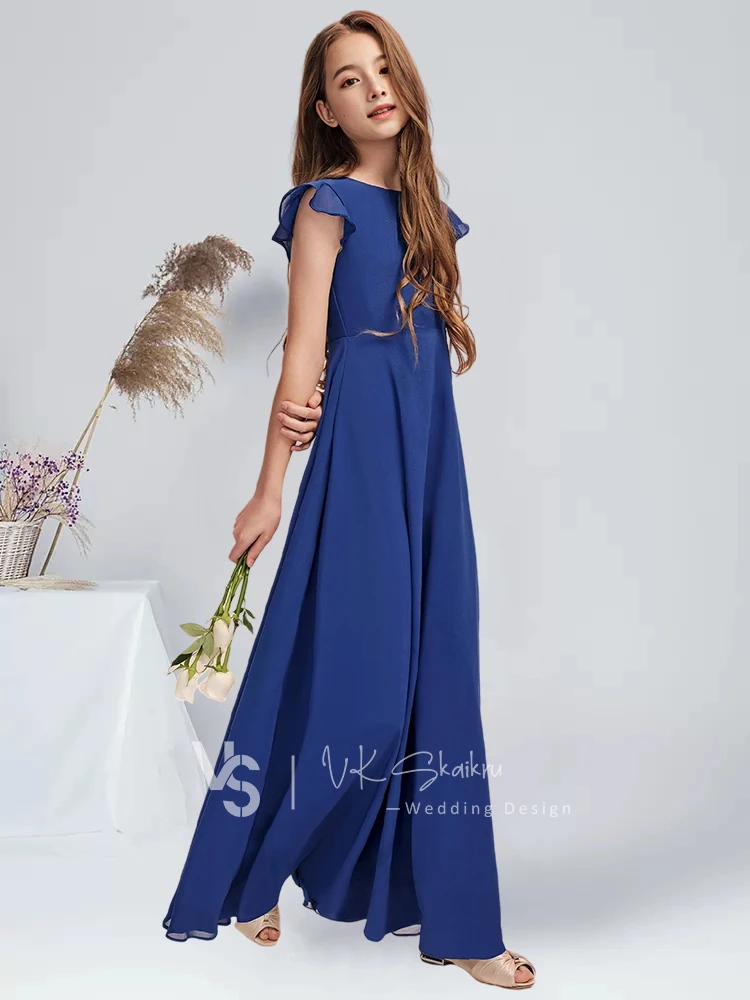 A linha colher até o chão chiffon júnior vestido de dama de honra longo vestido de menina de flor festa para casamento crianças vestido de comunhão júnior