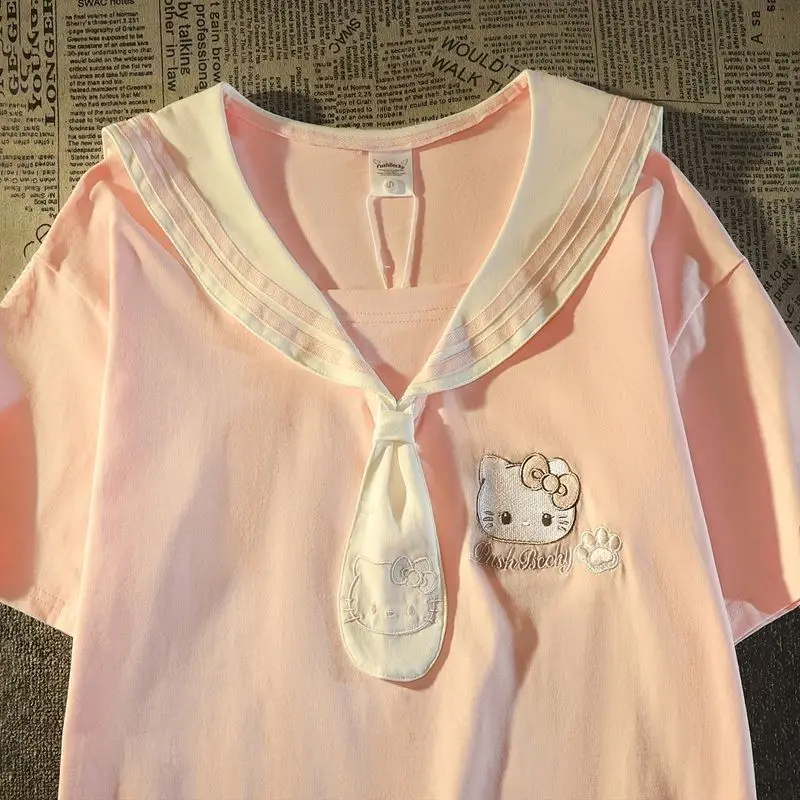 

Hello Kitty 2026 Summer New Navy Collar Loose Slimming Short Sleeved T-Shirt Japanese Cute Kittycat Embroidered Top Cute Cartoon