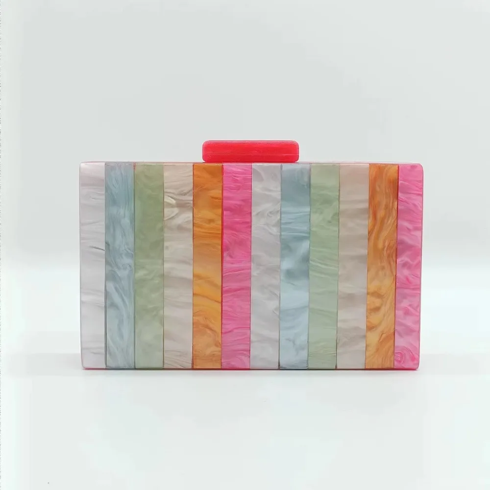 Summer Macaron Color Spliced Trendy Acrylic Evening Bag Women Retro Single Shoulder Chain Handbag Fashion Ladies Handheld Bag