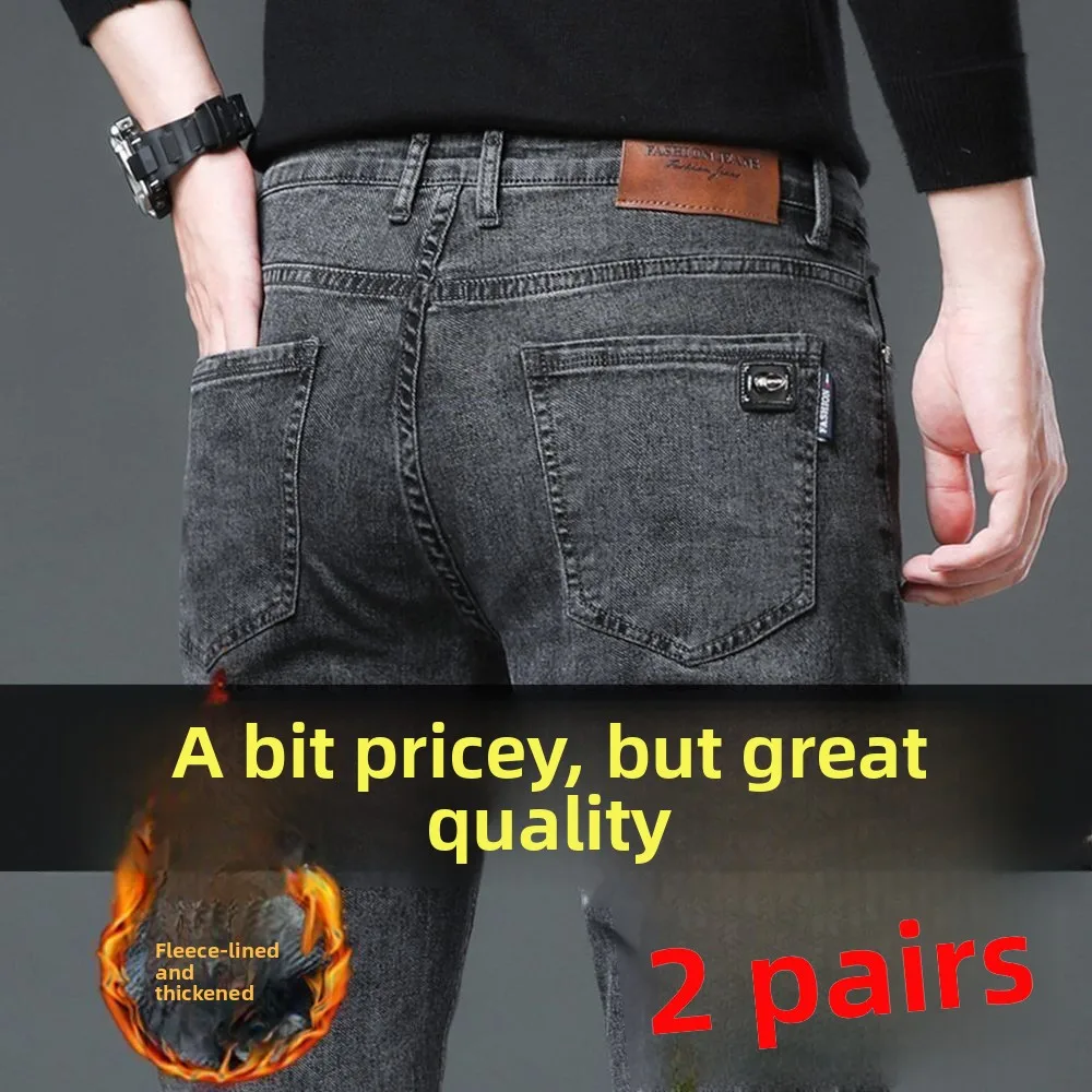 

Мужские премиальные джинсы приталенного кроя с начесом, износостойкие, повседневные, прямые, для осени и зимы