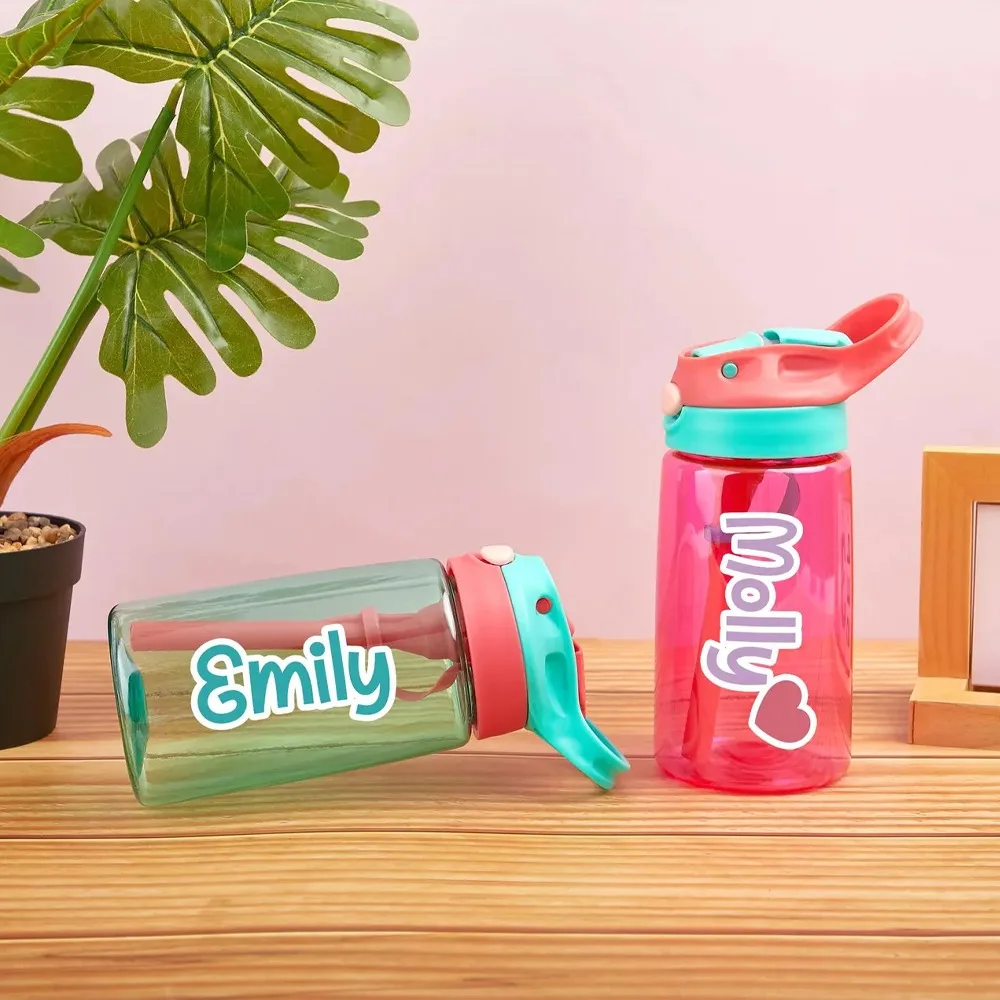 Personalized Customized Name Children's Straw Water Cup, Cute Heart-shaped Letter Portable Plastic Water Bottle, view 4