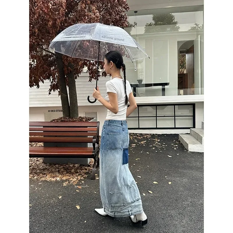 Pop outono/inverno nova saia jeans de emagrecimento de cintura alta design de nicho original algodão 13 fileiras em linha reta forma delicada meio comprimento