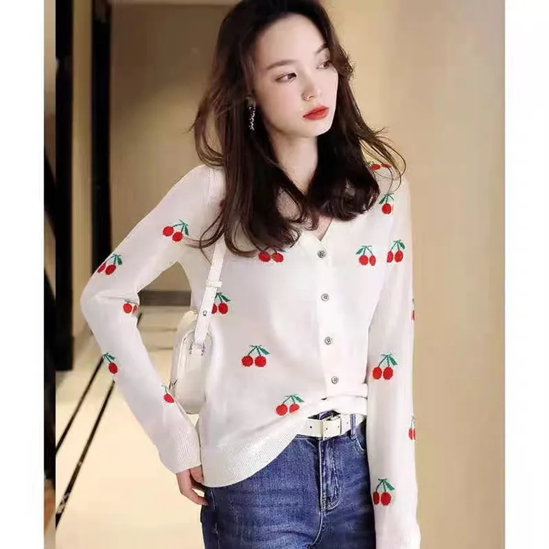 Fashion all-match embroidered cherry cashmere cardigan spring and Autumn women\'s new bottom sweater sweater loose wool coat