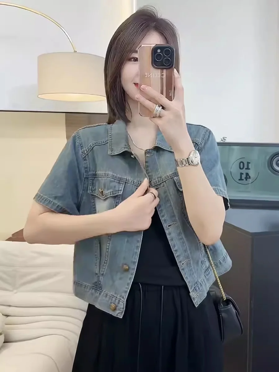 Short Sleeve Denim Shirt Women's Casual Thin Outerwear Korean Style Loose Fit Summer New Arrival Versatile Small Shoulder