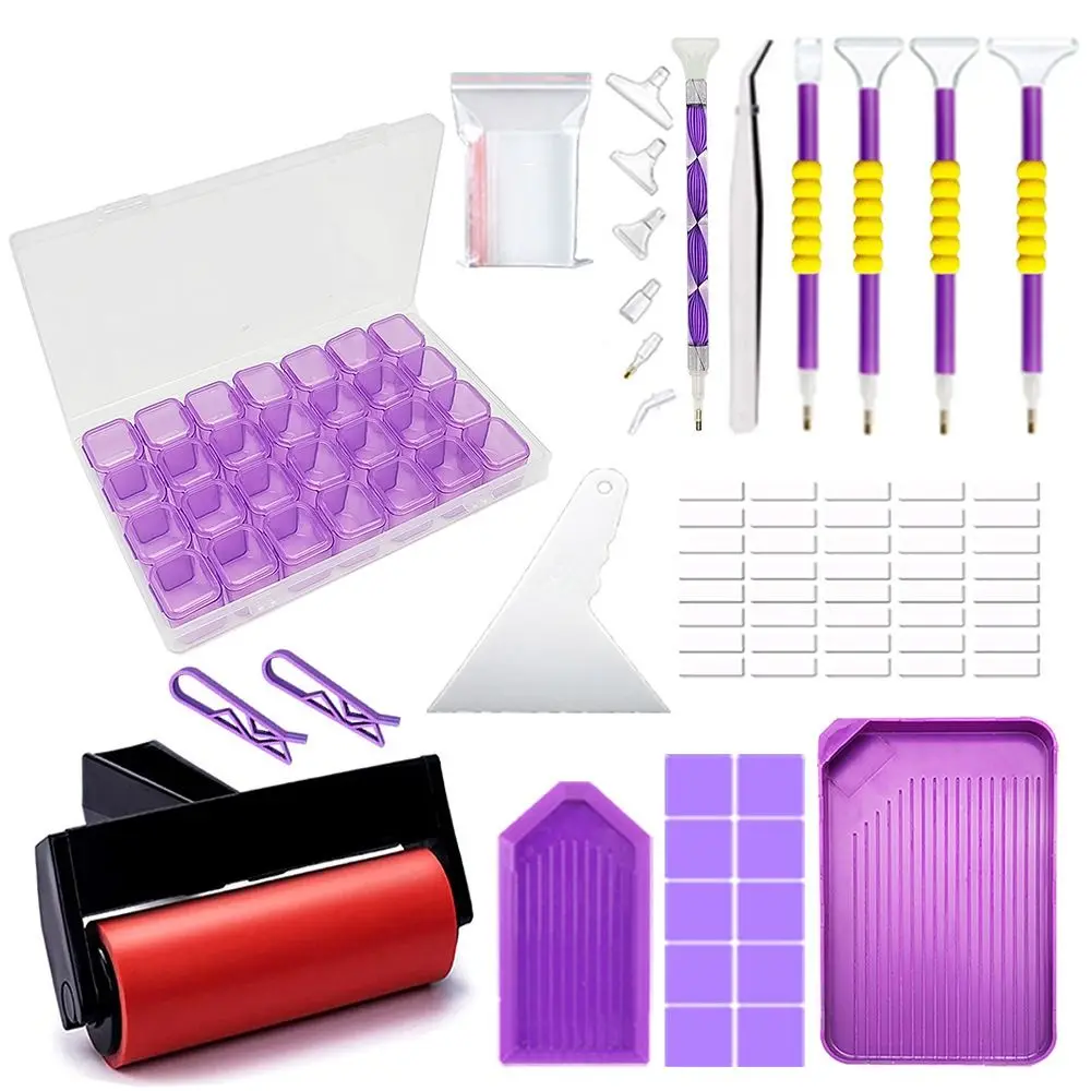 5D DIY Diamond Painting Tools Set Art Tool Craft Diamond Embroidery Tray Kits with 28Grid Storage Box Purple