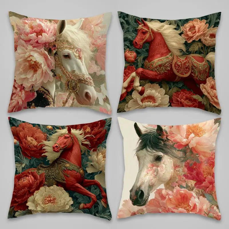 Bohemian Floral Peony Horse Print Pillowcase Cushion Cover Set Romantic Aesthetic Home Decor Accents