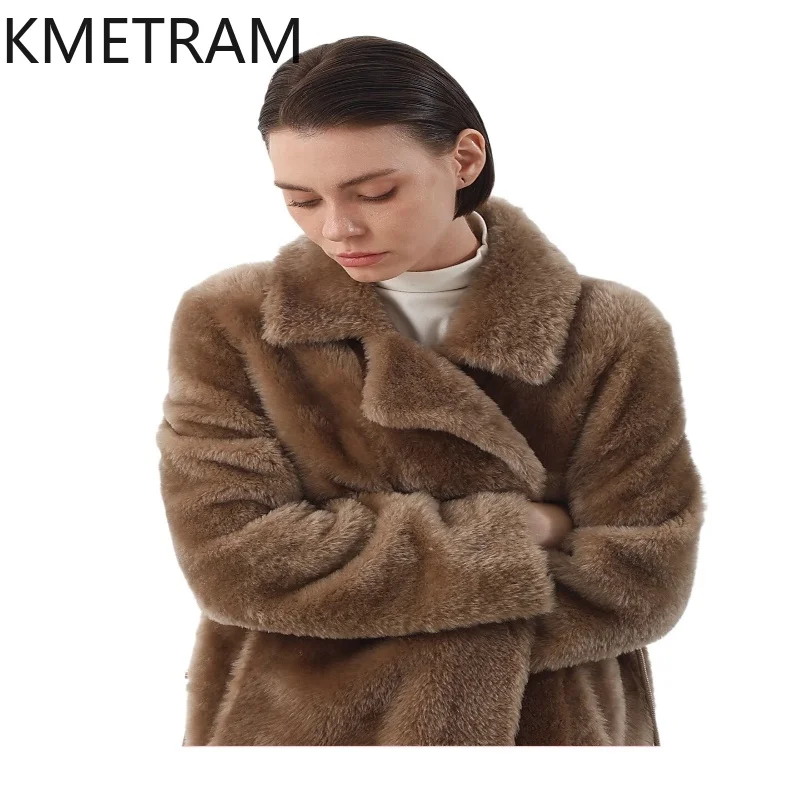 KMETRAM 100% جلد الغنم لاكون طبيعي مع معطف فرو مرفق من الصوف ملابس خارجية طويلة جديدة 2025 سترة شتوية نسائية #1