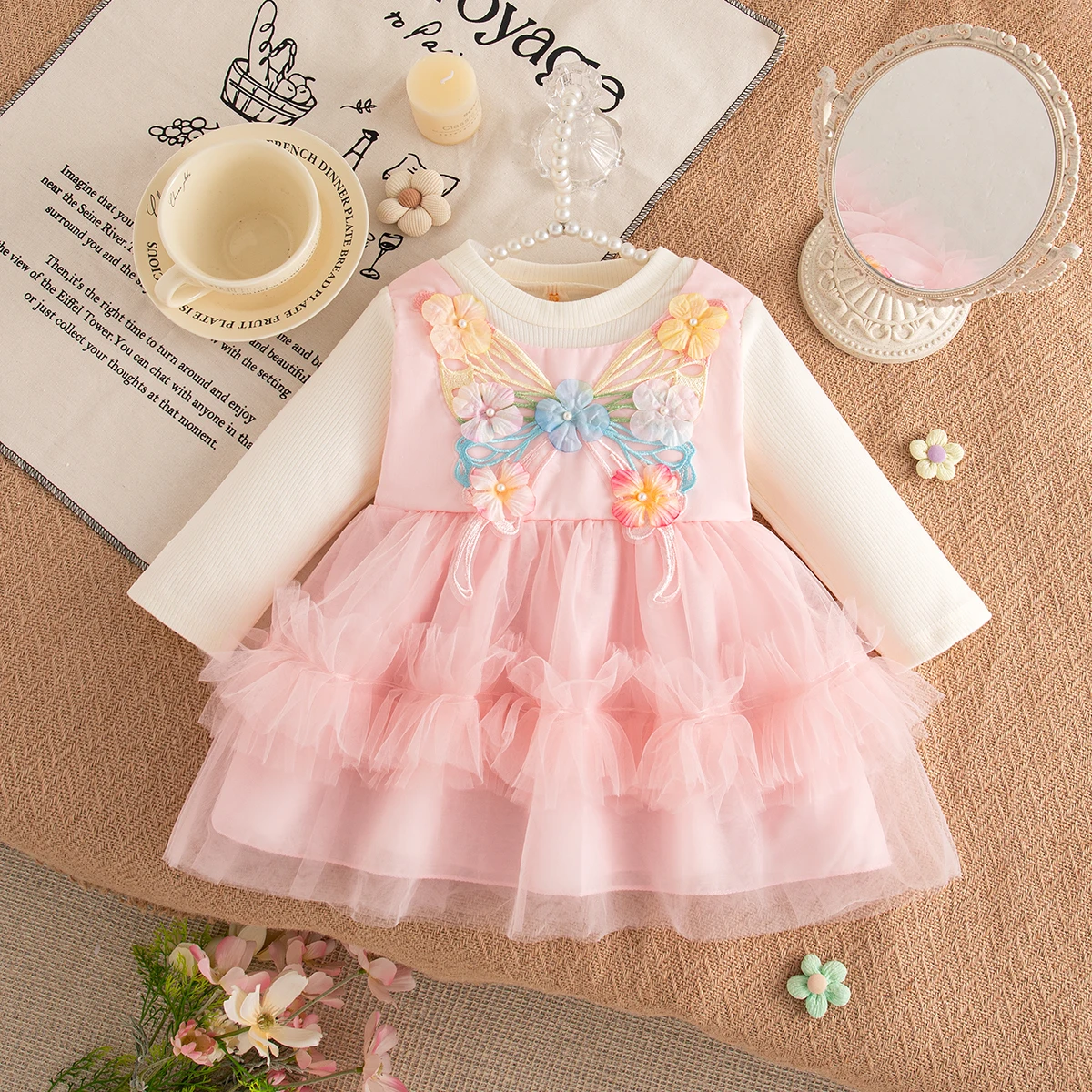 

Детское весеннее повседневное платье для девочек, с цветным декором в виде бабочек, трикотажное, с длинными рукавами, из сетки