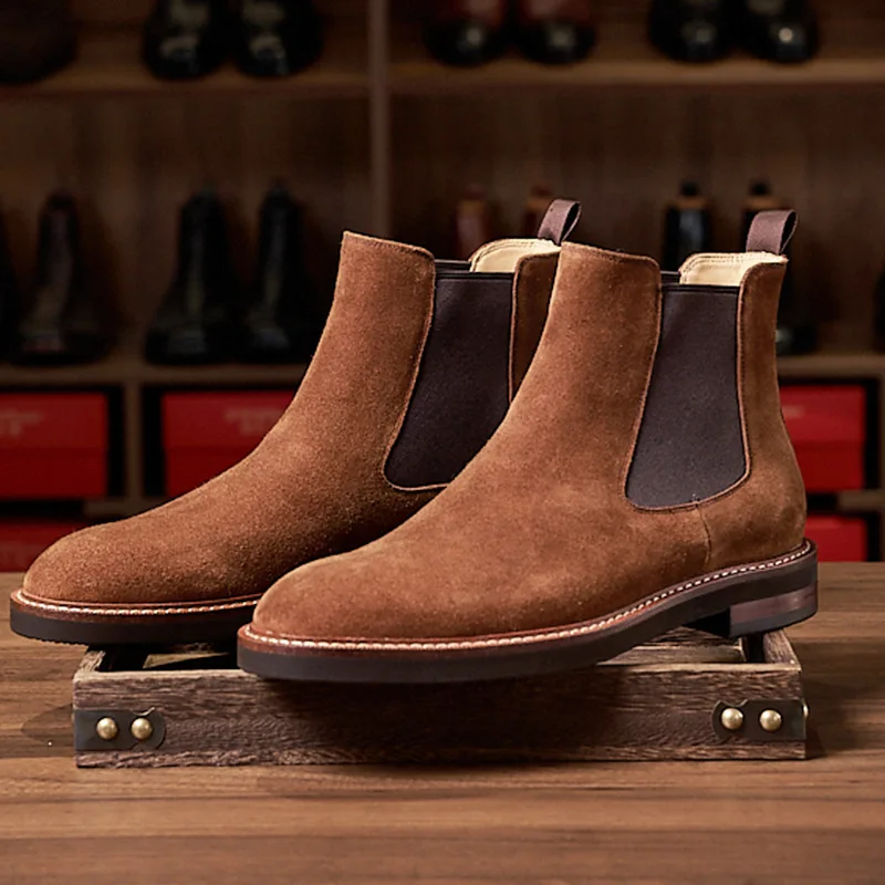 

Genuine Leather British Chelsea Boots Men High Top Suede Ankle Boots Business Casual