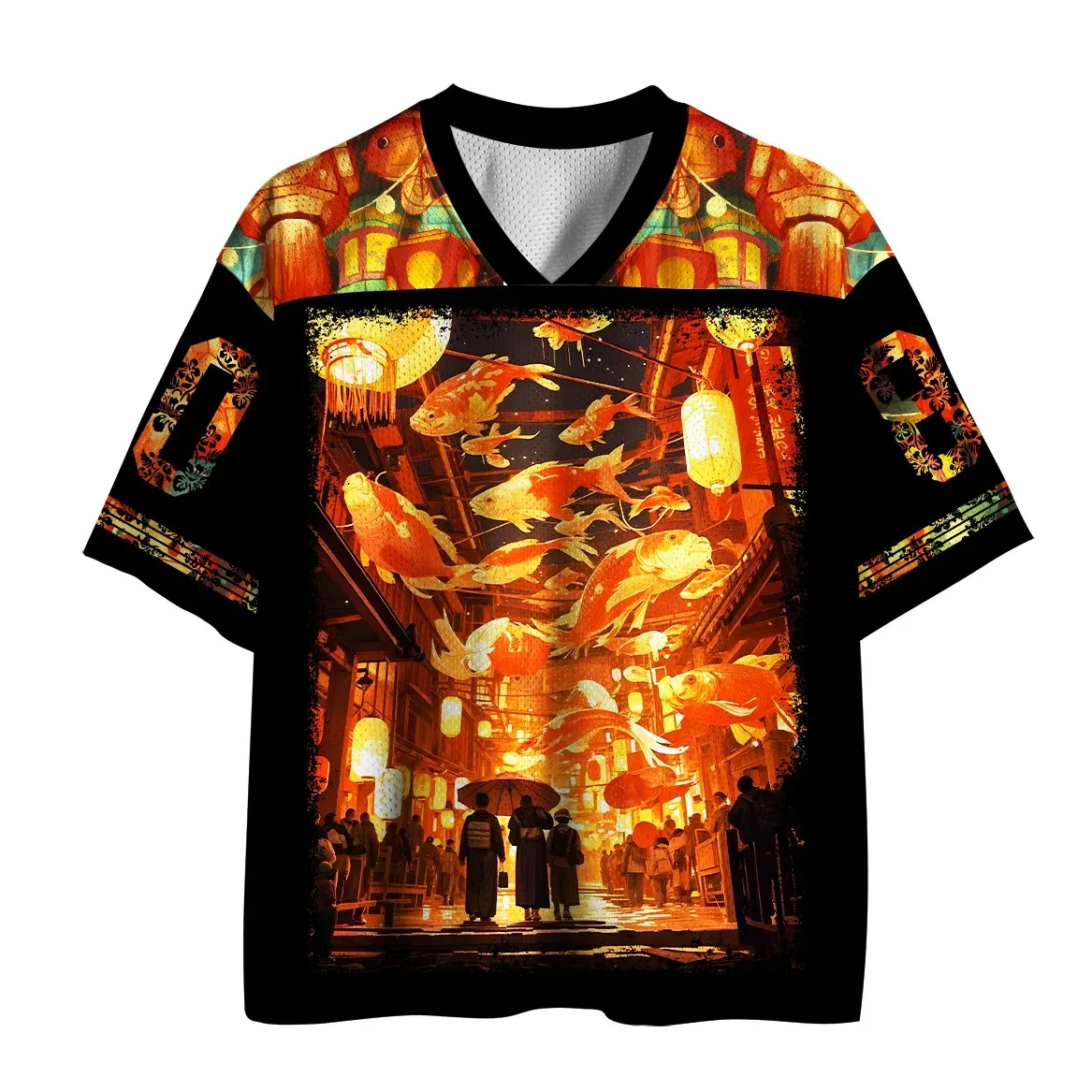Japanese Festival-Style Koi Print V-Neck T-Shirt —Street-style Casual Top Featuring Night Market Lantern and Oriental Koi Motifs