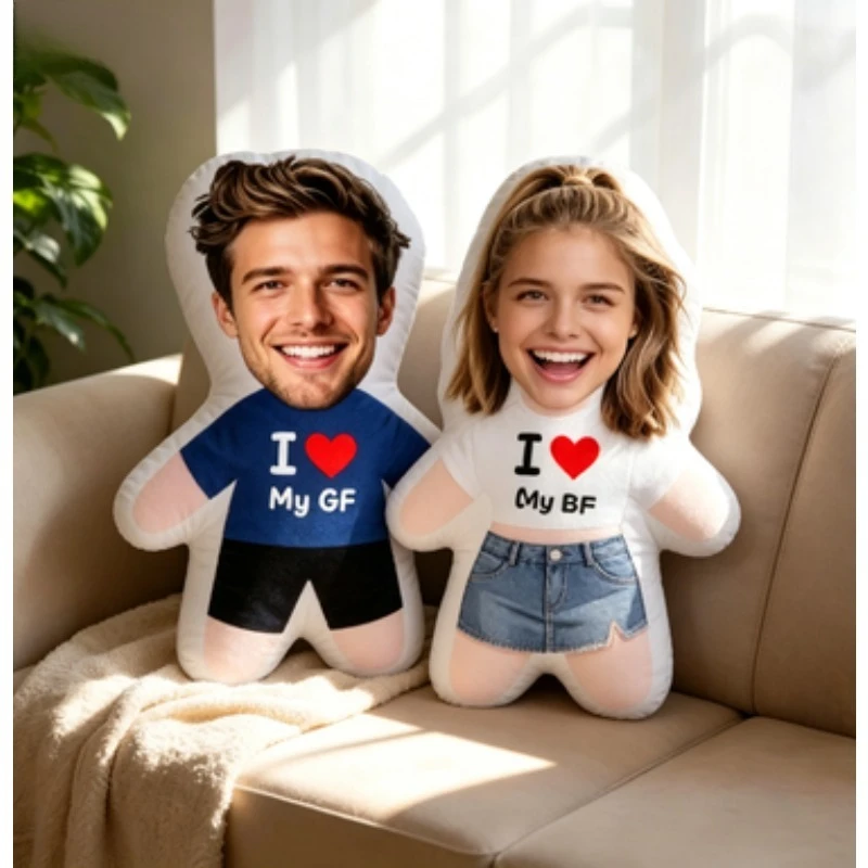 2pcs Custom Face Plush Couple Pillow, Personalized Photo Cushion with I Love You Text, Soft Mini Me Body Pillow, Romantic  Toy