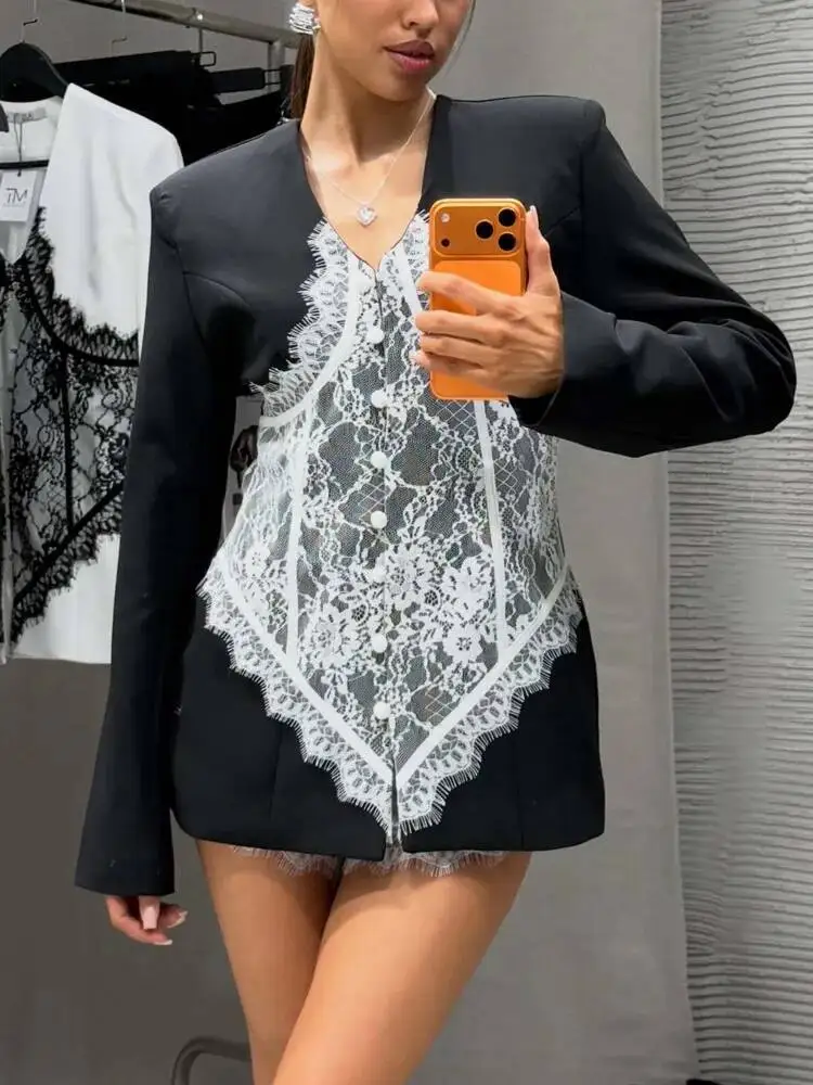 BJTZ 2026 Nuevo Blazer de Encaje en Contraste para Mujer, Negro y Blanco, Manga Larga, Cuello en V, Hombros Acolchados, Elegante, para Fiesta, Abrigo de Moda