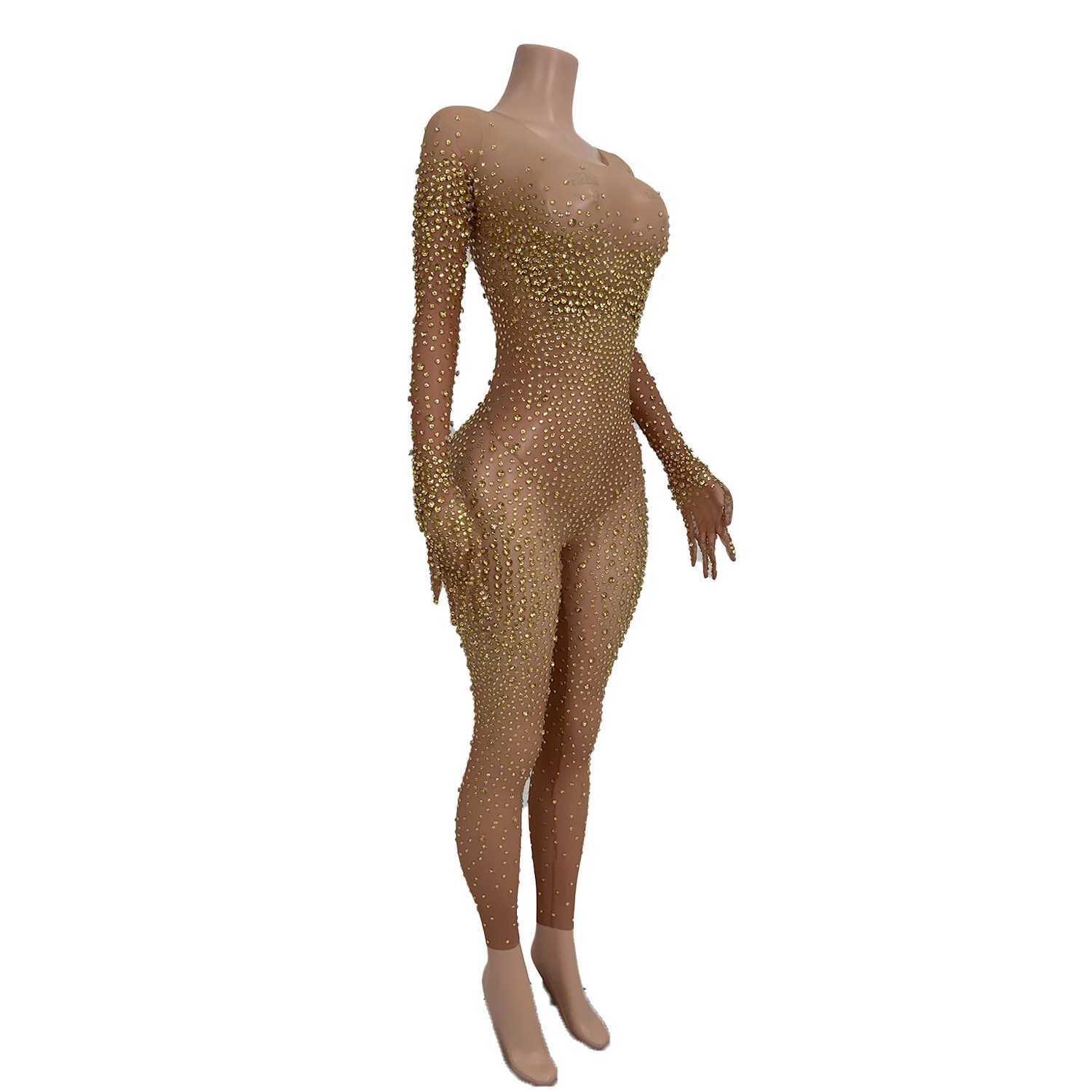 Women Mesh Tight Sexy Full Gold Diamond Long Sleeve Jumpsuit Acrobatic Rings Bar Nightclub DS Party Stage Costumes Tiaotiaotang