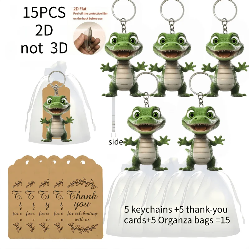 5sets Cute Crocodile Keychain Includes Acrylic 2D Pendant & Thank You Cards & Gift Organza Bags Home Holiday Decorations For Men