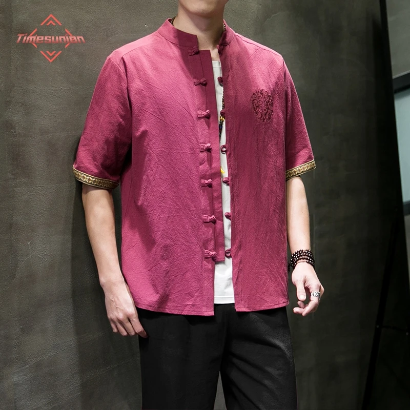 

Summer Embroidery Shirt for Men Tang Costume Cotton Linen Shirts Stand Collar Disc Buckle Long Sleeve Shirt Traditional Menswear