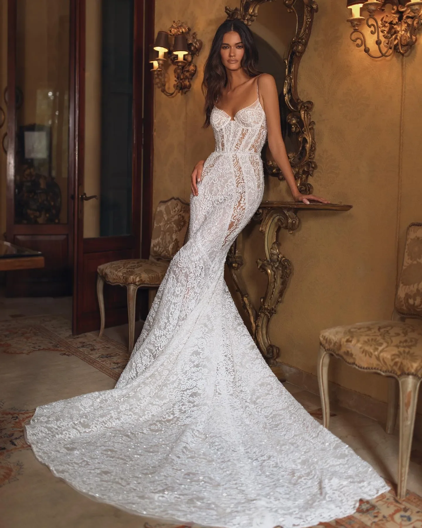 Customized 2026 Mermaid Bridal Dress Spaghetti Sequins Lace Bridal Dress Sweeping Train Illusion Backless Lace Robe De Mariage