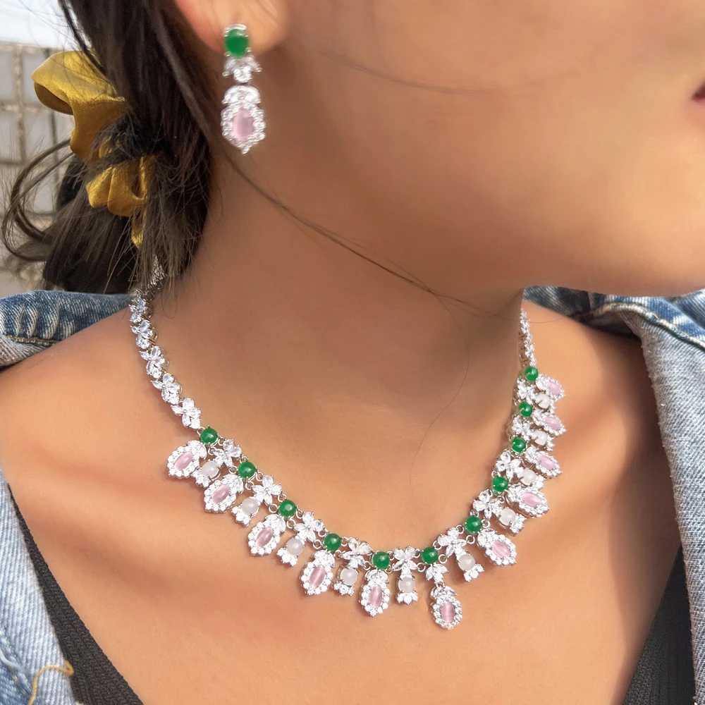 ThreeGraces Elegant Pink Green Zirconia Leaf Shape Wedding Tassel Necklace and Earrings Bridal Party Jewelry Set for Women TZ783