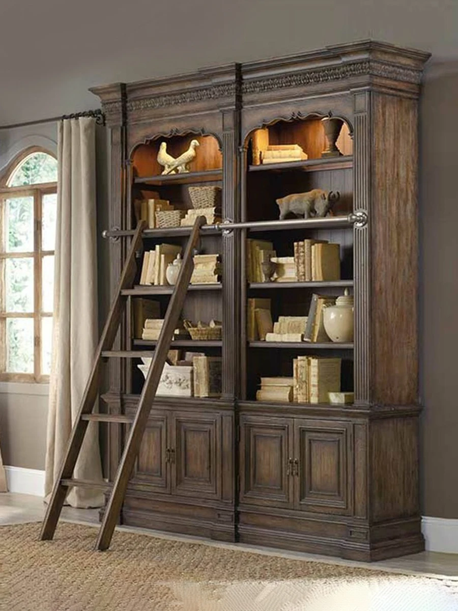 American solid wood bookcase combination cabinet customized high-end villa walnut multi-storey locker with ladder