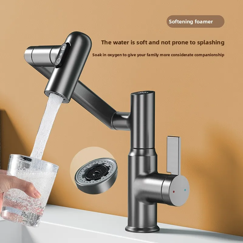 

Современный латунный выдвижной смеситель с одним отверстием, умывальник для ванной комнаты с цифровым дисплеем, вращающейся конструкцией и керамическим сердечником клапана