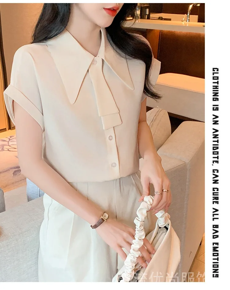 Solid Color Chiffon Shirt with Wide Sleeves and Ribbon, Korean Style French Fashion High-End Professional Short-Sleeved Shirt, White/Pink Purple/Apricot Slightly Loose