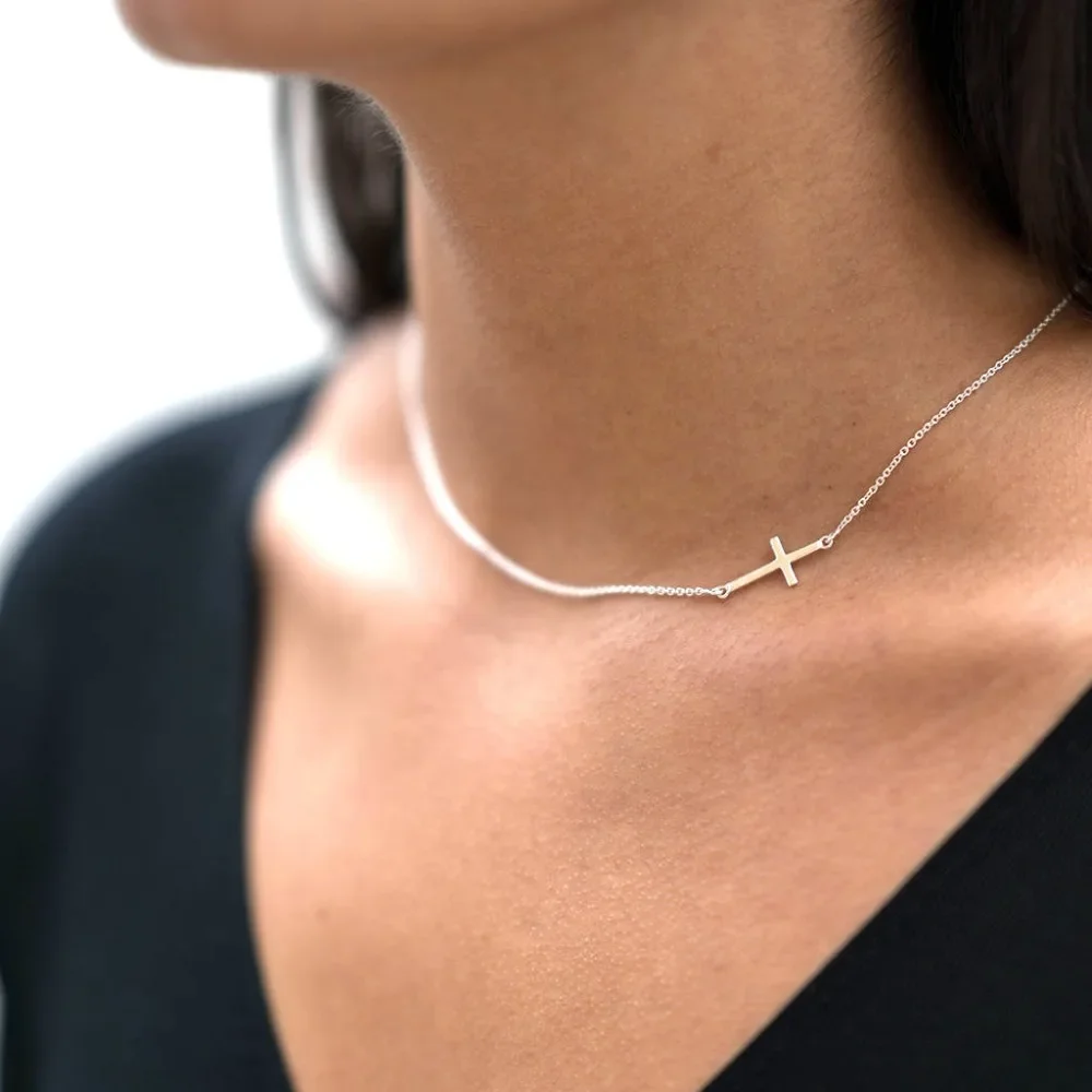 Fashion Simple Gold Color Cross Chain Necklace for Women High Polish Sideway Cross Charm Lucky Tiny Jewelry Wholesale