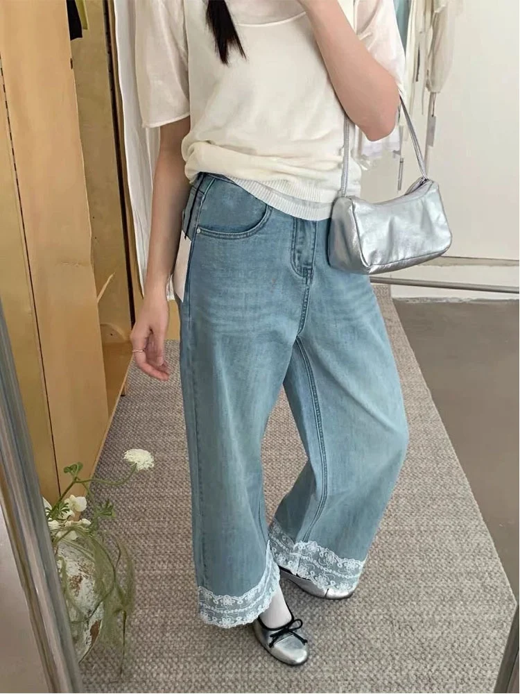 

Slimming High Waist Straight Leg Jeans Lace Trimmed Thin Spring Women's Denim Pants Nine-Tenths Length for Pear aped Body