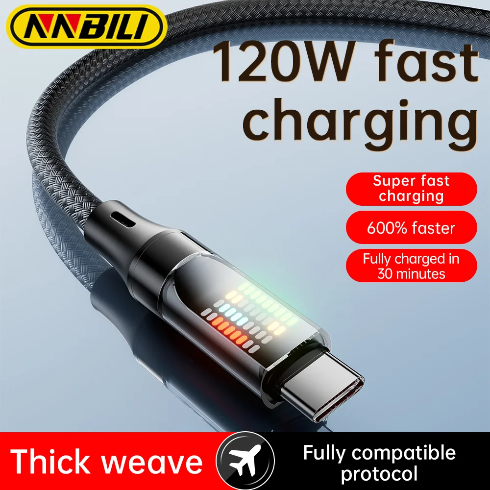 NNBILI 120W Schwarz Typ C Schnellladekabel 6A USB A auf Typ C Nylon Datenkabel für Xiaomi Samsung mit LED-Anzeige USB C-Kabel