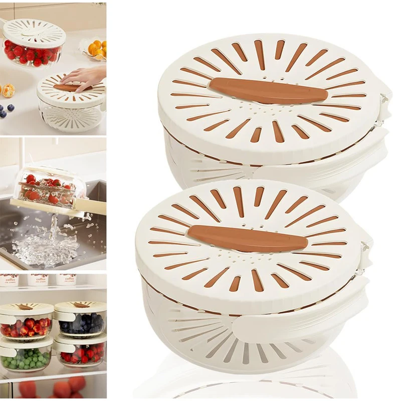 2-In-1 Fruit Drain Basket Vegetable Washing Basket With Foldable Handle Refrigerator  Crisper Storage Bowl For Home Kitchen