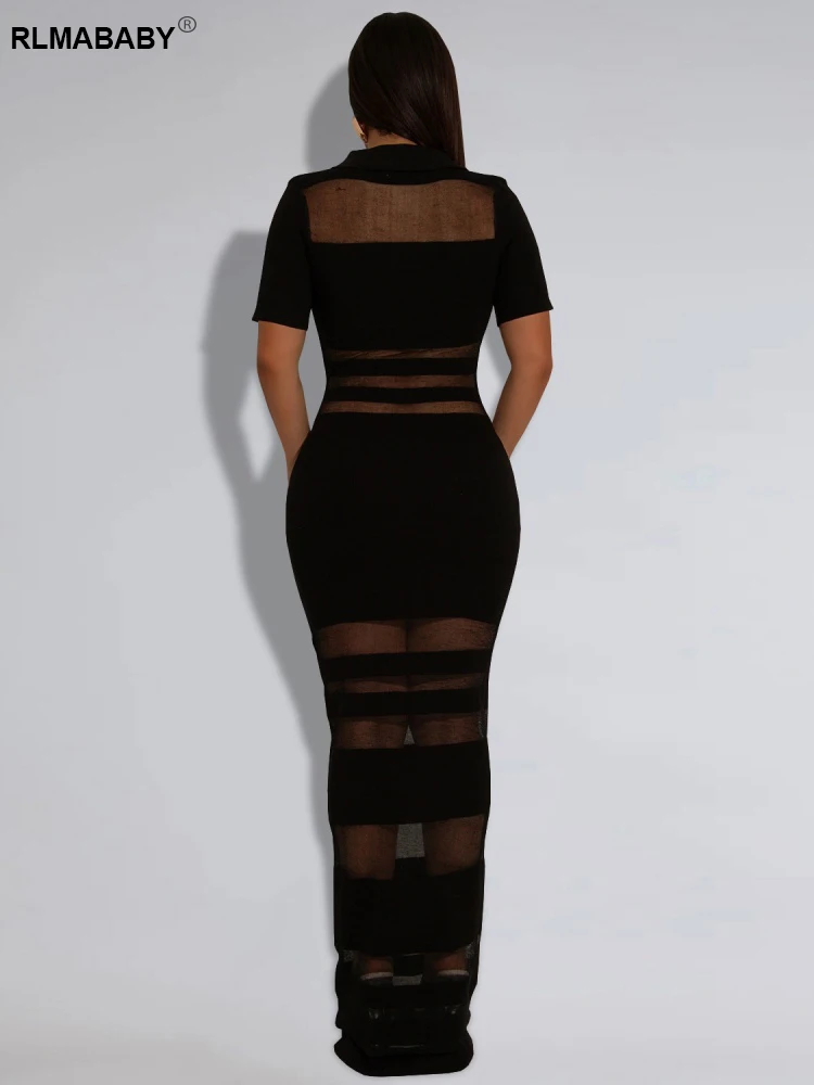 RLMABABY Sexy Sheer Mesh Gespleißt Frauen Lange, Figurbetontes Kleid Umlegekragen Kurzarm Taste Patchwork Casual Mantel Maxikleid