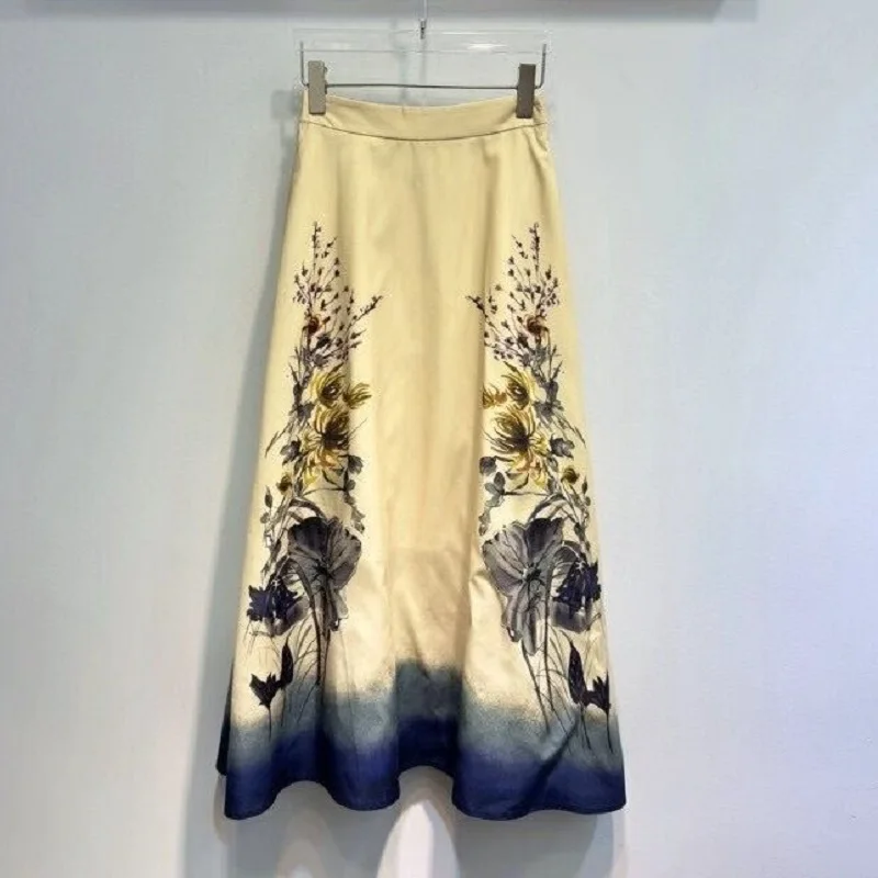 

High Quality New Long Skirts 2025 Autumn Fashion Style Lady Elastic Waist Vintage Floral Print A-Line Casual Khaki Skirt Clothes