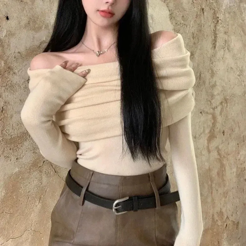 

Off Shoulder Knitwear Jumper Korean Fashion Design Long Sleeve Top Ladies Chic Sweater Women Spring Sexy Skinny Bottoming Shirt