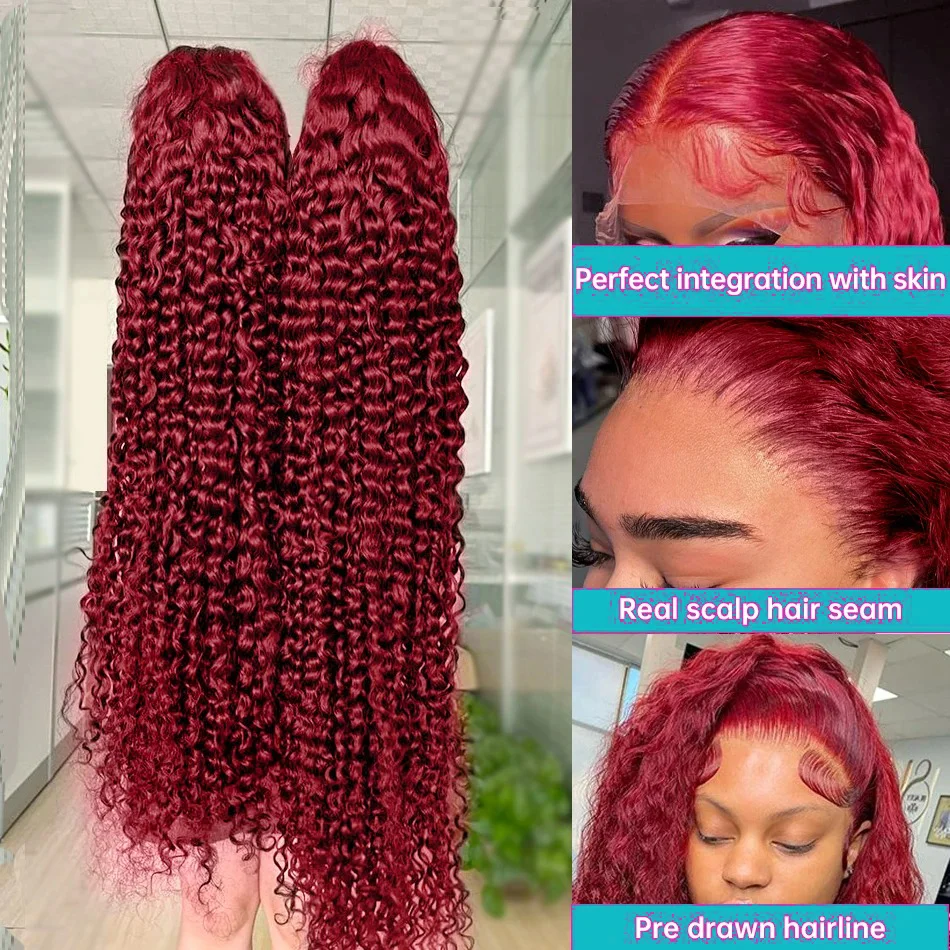 Borgonha onda profunda peruca de cabelo humano para mulheres, renda frontal, vermelho, encaracolado, Remy, 250 Densidade, 30, 40 Polegada, 13x4, 13x6, 99J